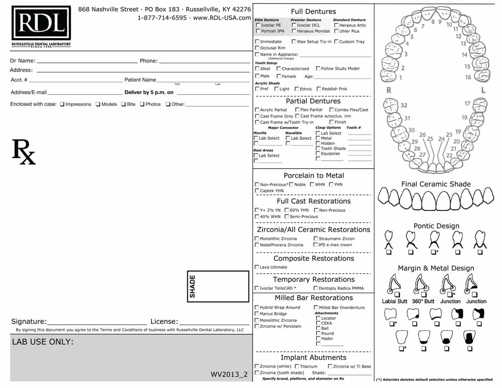 RDL General Lab Prescription - RDL - Full Service Dental Laboratory